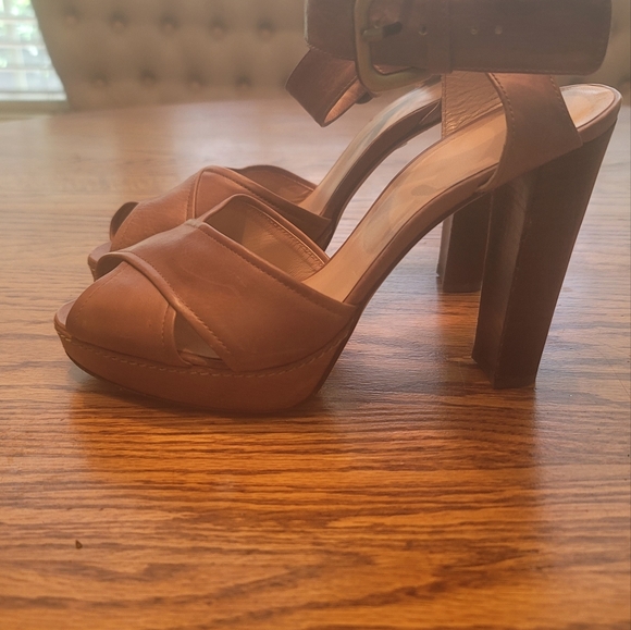 Stuart Weitzman Dark Tan Brown Genuine Leather Open Toe Platform Sandals Heels - Picture 5 of 14